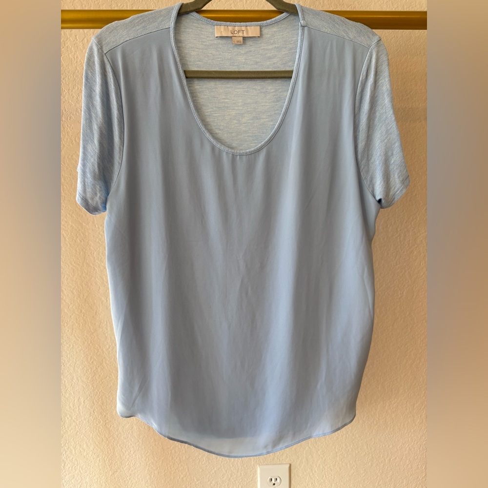 Loft light blue mixed media blouse large short sleeve shirt